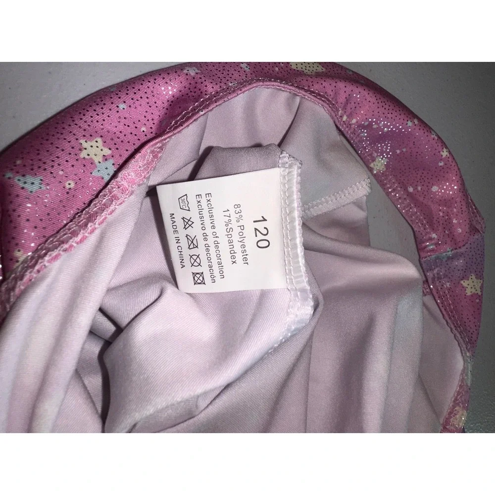 Girls Pink Metallic Star Gymnastics Leotard Shimmer Dance Bodysuit Size 120 NWT